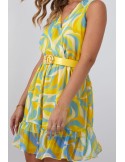 Light patterned dress with a belt, blue and yellow 03040 - Online store - Boutique